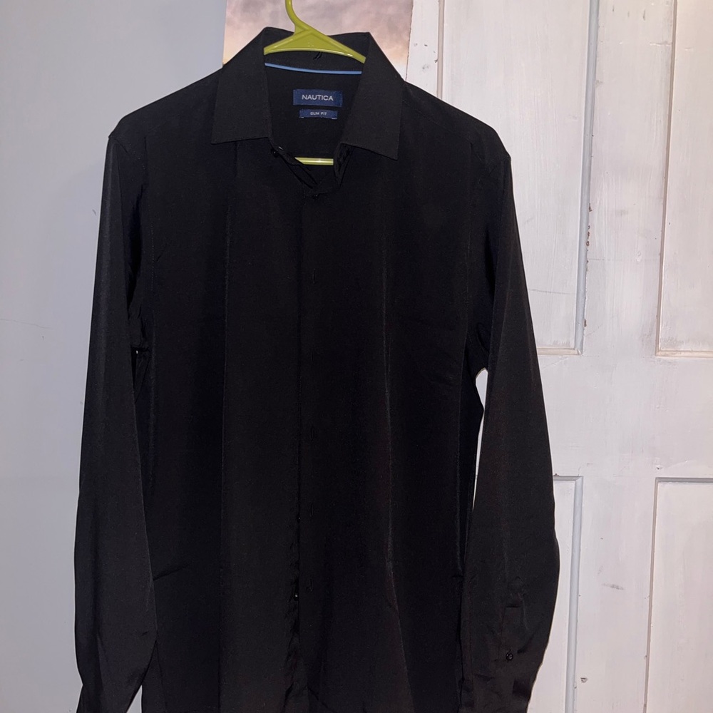 Black polyester stretch slim fit dress shirt